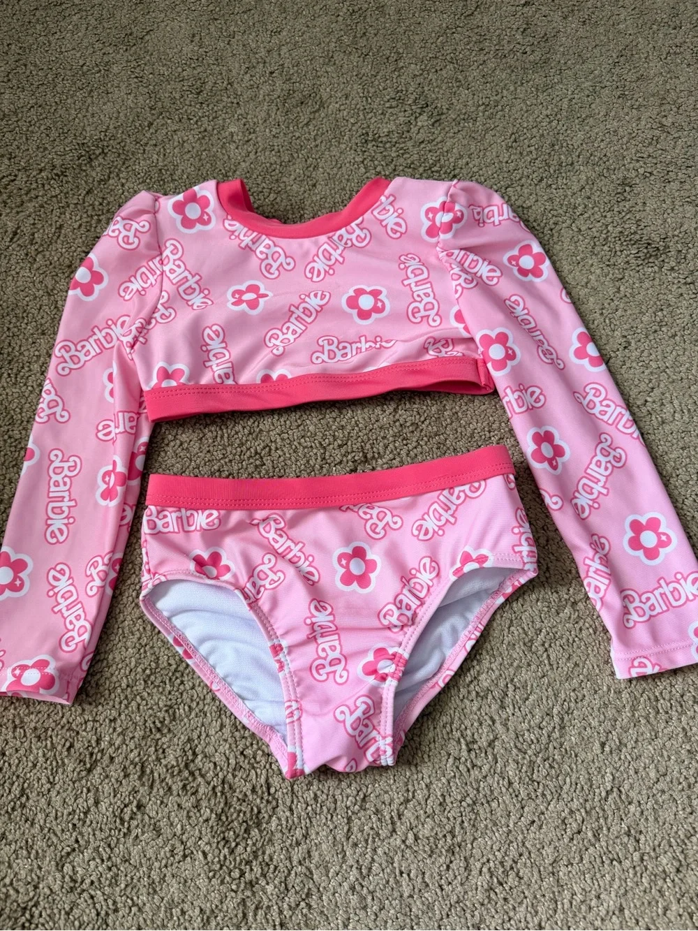 Barbie Toddler Girls Pink Long Sleeve Bikini Swimsuit 2-Piece UPF 50+ size 2T